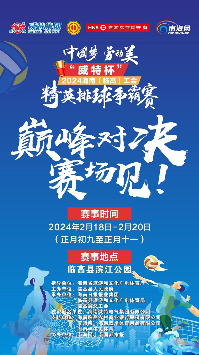 “中国梦·劳动美”——“威特杯”2024海南（临高）工会精英排球争霸赛海报。
