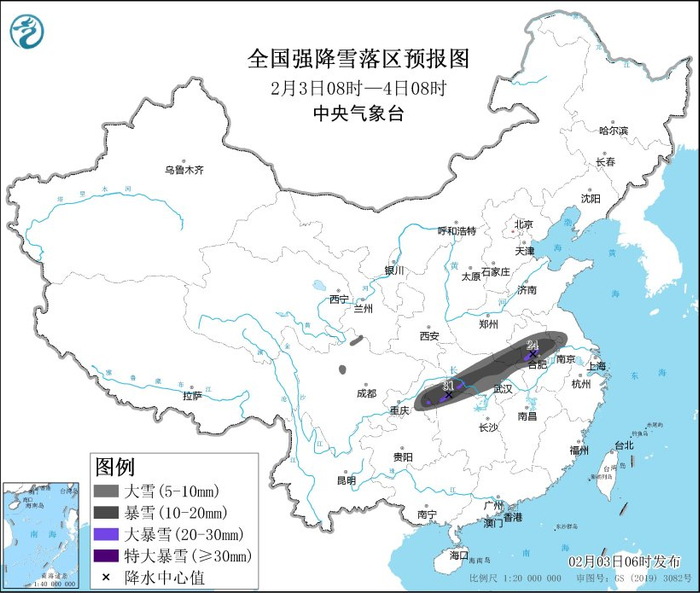 图1 全国强降雪落区预报图（2月3日08时-2月4日08时）