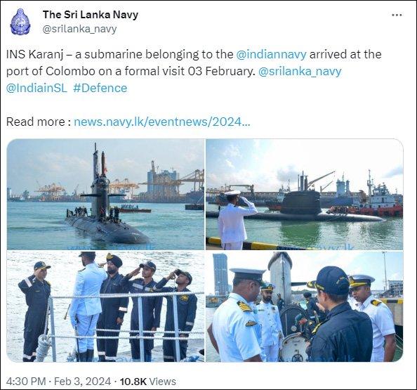 印度海军潜艇到访斯里兰卡，印媒炒作“击败中国”