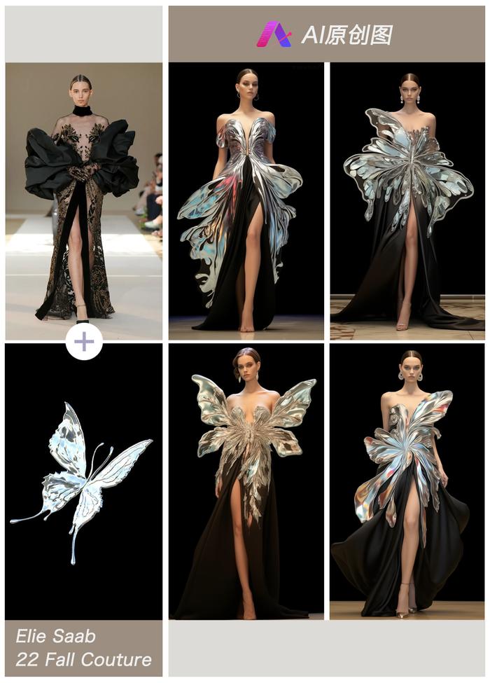 图四：iMuse.AI高级创作对比效果图，用一款黑色礼服与与一只蝴蝶打造出梦幻般的水晶礼服裙