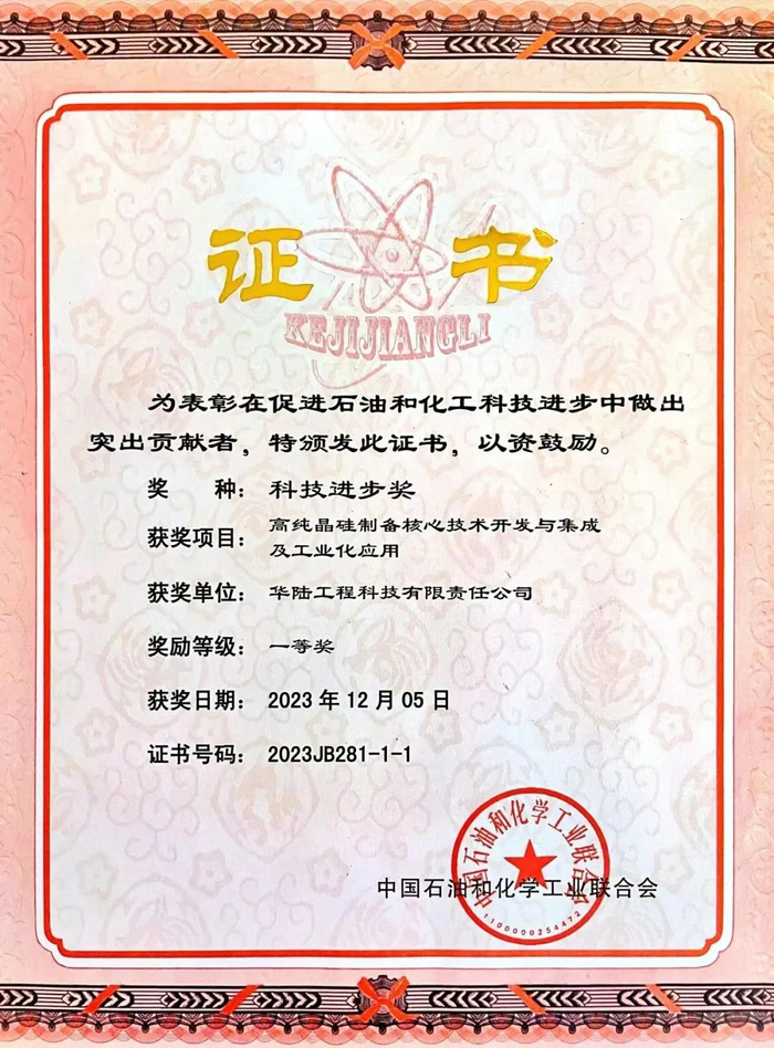 高纯晶硅核心技术荣获中国石油和化学工业联合会科技进步一等奖