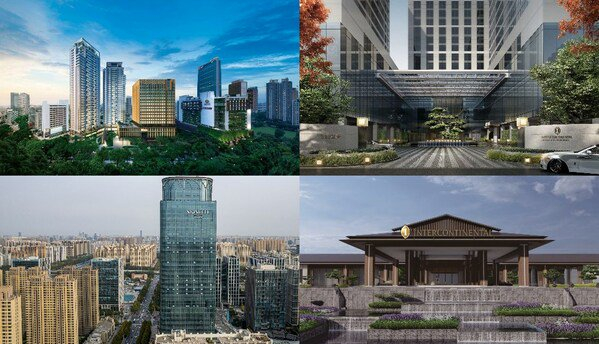 从左至右顺时针起：台中勤美洲际酒店、郑州郑东洲际酒店、襄阳洲际酒店、洲至奢选河北宾馆