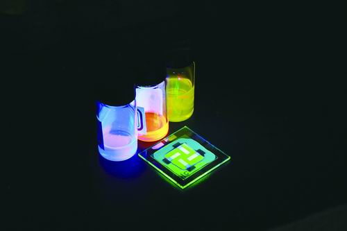  不同钙钛矿材料和钙钛矿发光二极管在紫外灯下的明亮荧光。课题组供图