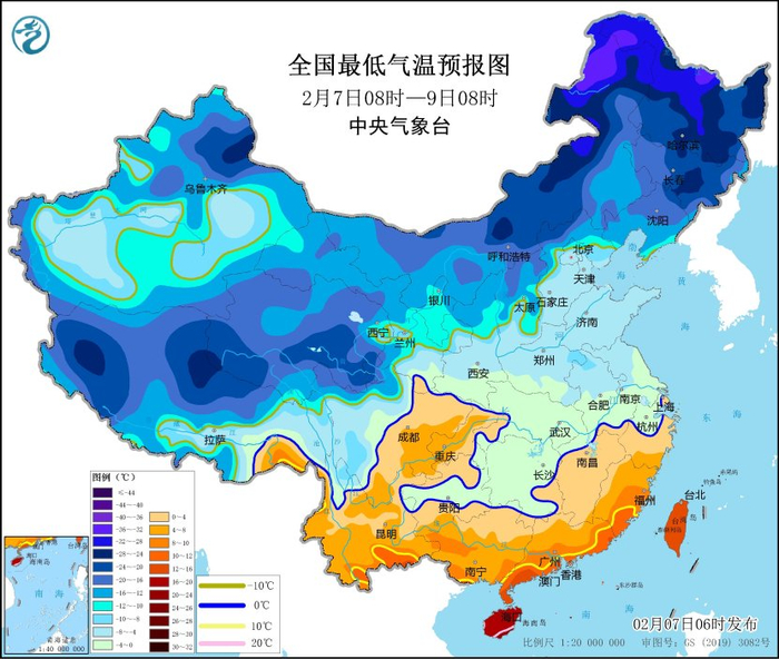图4 全国最低气温预报图（2月7日08时-2月9日08时）