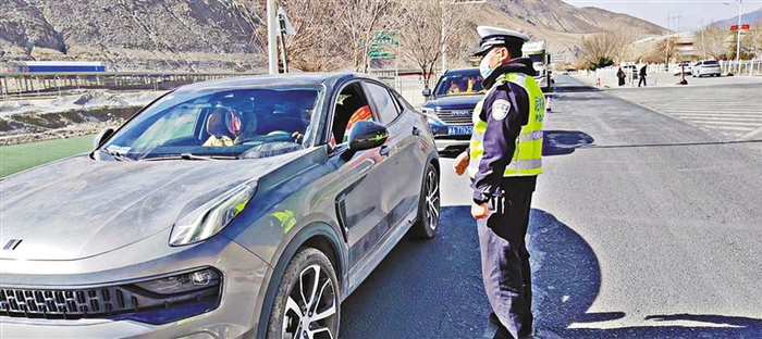 图为拉萨市公安局民警抽检过往车辆。　记者　鹿丽娟　摄