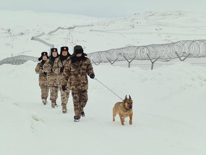     2月9日，武警兵团总队某支队官兵与护边员沿中哈边境线踏雪巡逻。新华社发（黄超 摄）
