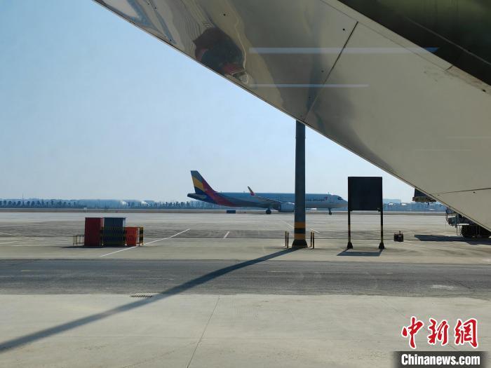 韩亚航空OZ337航班平稳降落在江苏盐城机场跑道上。谷华 摄