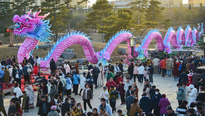 2月11日，在河南省洛阳市隋唐洛阳城国家遗址公园九洲池景区，游客观赏以龙为主题的“皇家灯会”。新华社发（黄政伟摄）