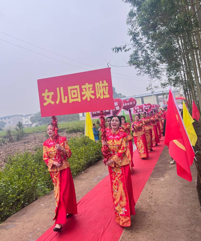 外嫁女身着旗袍、踏着红地毯回娘家。