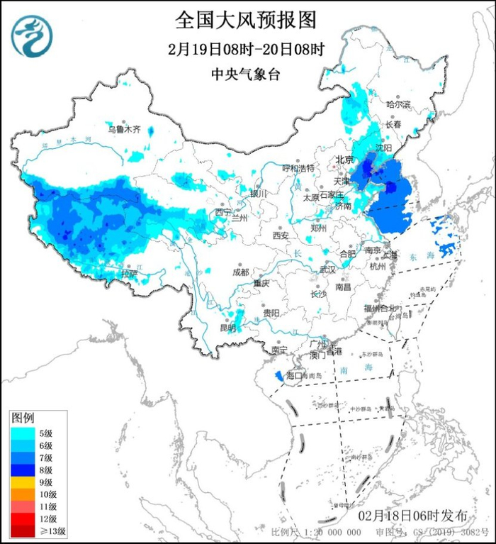 图4 全国大风预报图（2月19日08时-20日08时）