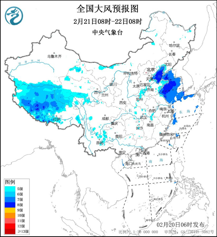 图4 全国大风预报图（2月21日08时-22日08时）