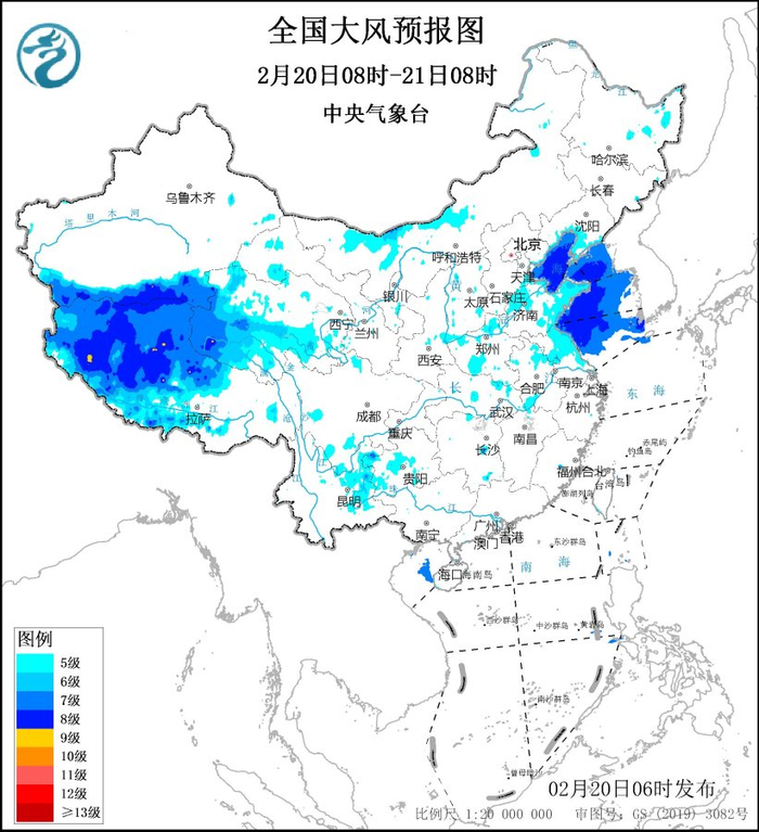 图3 全国大风预报图（2月20日08时-21日08时）