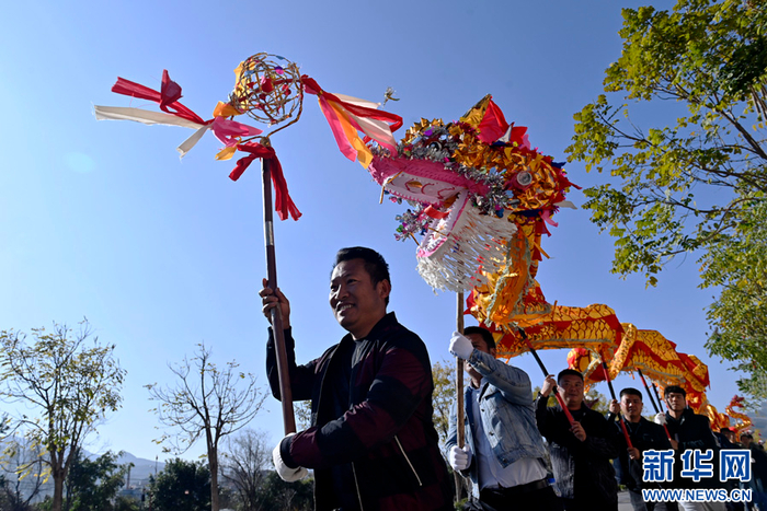 参加龙灯会的舞龙表演队(2月18日摄).新华网发(适志宏 摄)