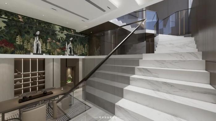 此外，楼梯独特的异形设计和材料应用，使其不仅作为垂直交通的功能组件，也转变为室内空间的艺术焦点，使空间更富层次感。