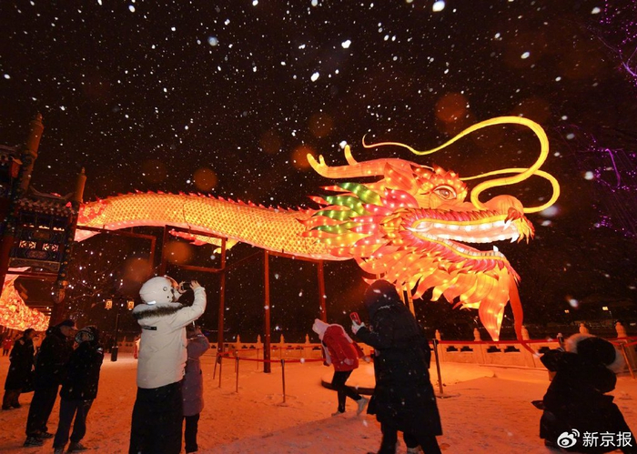 2024年2月20日，北京什刹海荷花市场，市民雪中与巨型龙灯合影。新京报记者 王贵彬 摄