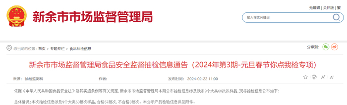 新余市市场监督管理局食品安全监督抽检信息通告（2024年第3期-元旦春节你点我检专项）