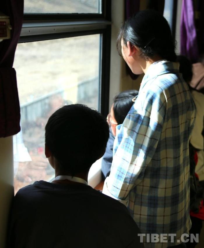 图为火车上,同学们三五成群欣赏车窗外景色摄影:王佳豪