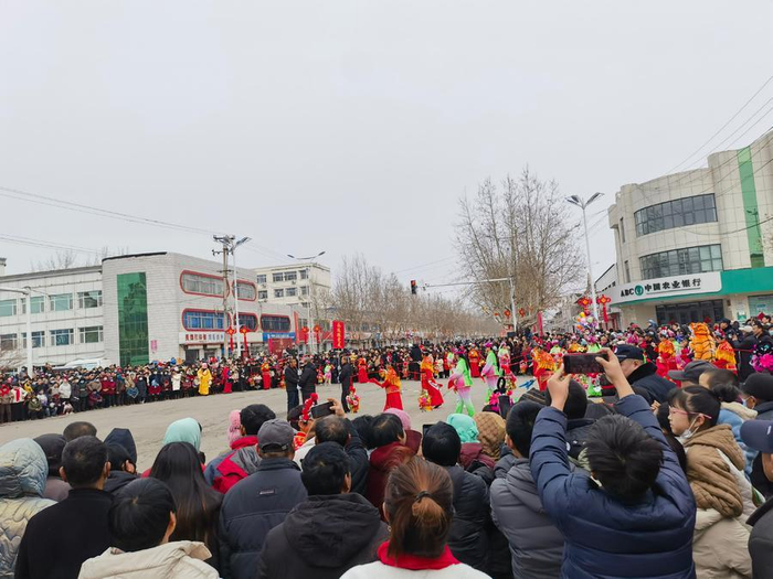 图为：胡集书会现场，秧歌队的表演收获众多观众