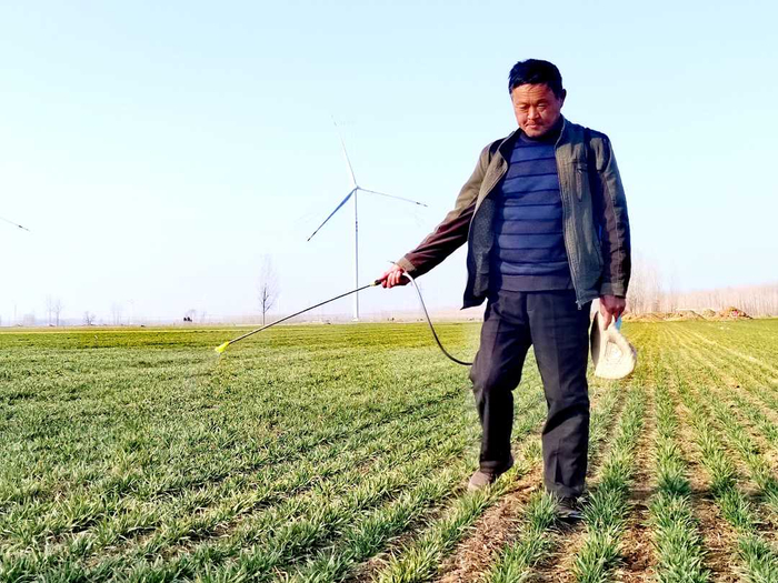民权县野岗乡逯庄村村民在喷洒农药。张增峰摄