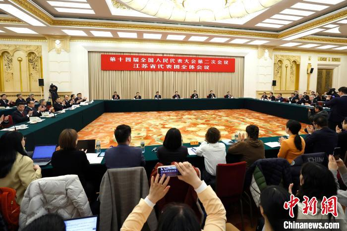 3月7日，出席十四届全国人大二次会议的江苏代表团举行开放团组会议，审议政府工作报告并回答记者提问。　中新社记者 富田 摄