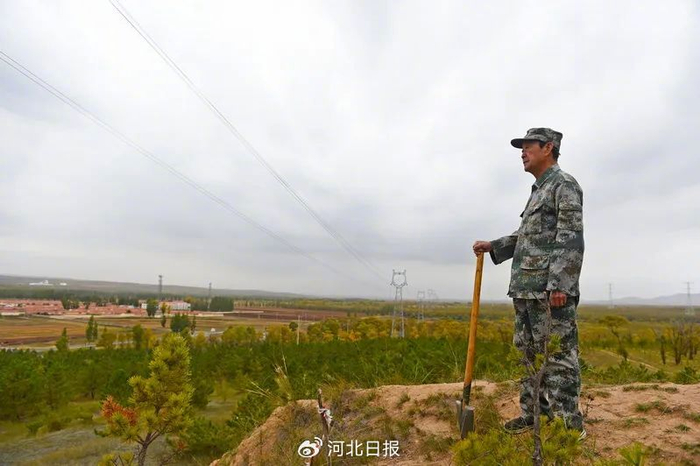 每当闲暇时，张连印将军总会登上张家场村北梁山坡上的沙丘，远眺绿树环绕的村庄。（资料图）河北日报记者赵永辉摄