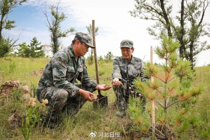 张连印将军（右）和儿子张晓斌在北梁山坡种树。（资料图）河北日报记者赵永辉 摄