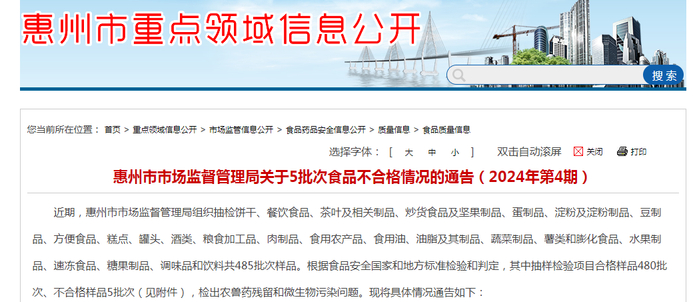 惠州市市场监督管理局关于5批次食品不合格情况的通告（2024年第4期）