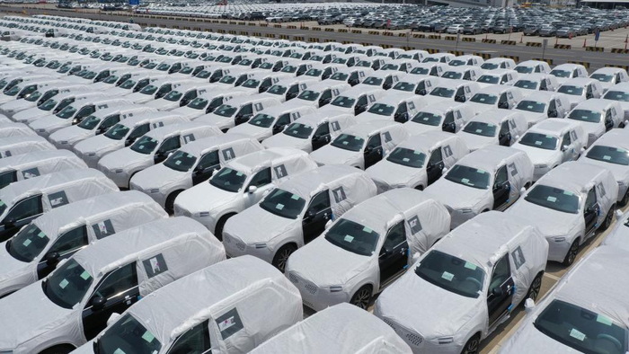 2022年8月2日，上海海通国际汽车码头，等待出口海外的新能源汽车。
