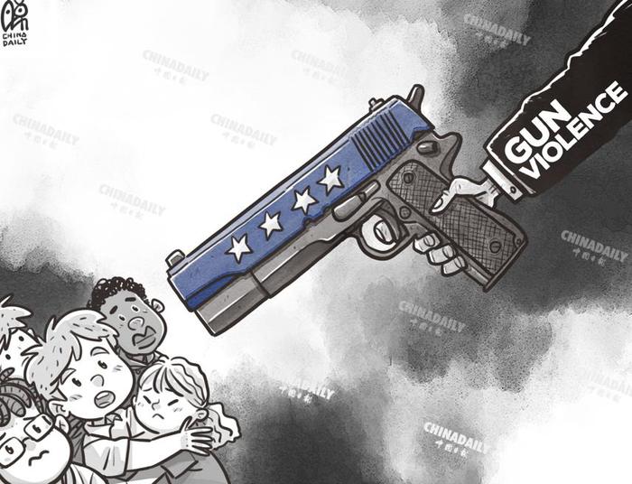 美国自由民主的背后，枪支暴力泛滥，已无安全之所，因枪支暴力死亡儿童人数屡创纪录……（来源：中国日报 作者：蔡艨）