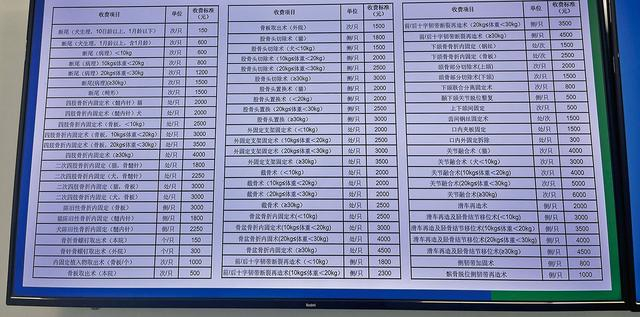 一家宠物医院公示的部分手术收费信息。新京报贝壳财经记者 丁爽 摄