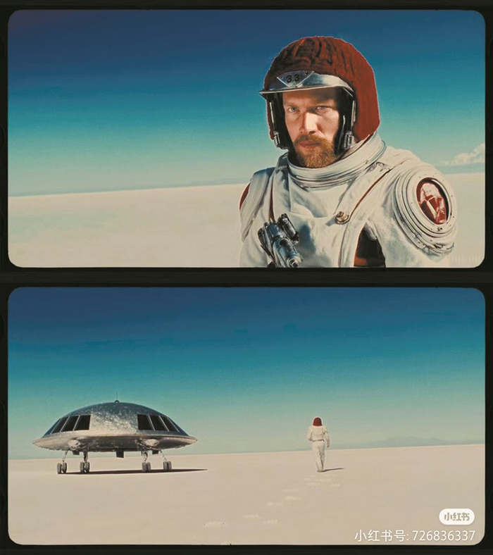 戴着红色羊毛编织摩托车头盔的太空人。（Sora生成视频截图）