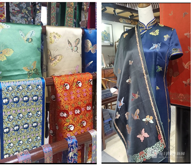 用浣花熊猫锦和锦·蝶两种面料做成的旗袍、围巾 图片来源：每经记者 丁舟洋 摄