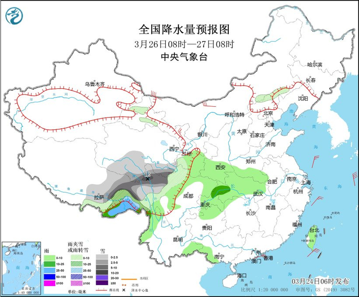图4 全国降水量预报图（3月26日08时-27日08时）