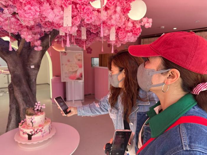   3月19日，游客“打卡”北京市玉渊潭公园内的甜品店。新华社记者杨淑君 摄