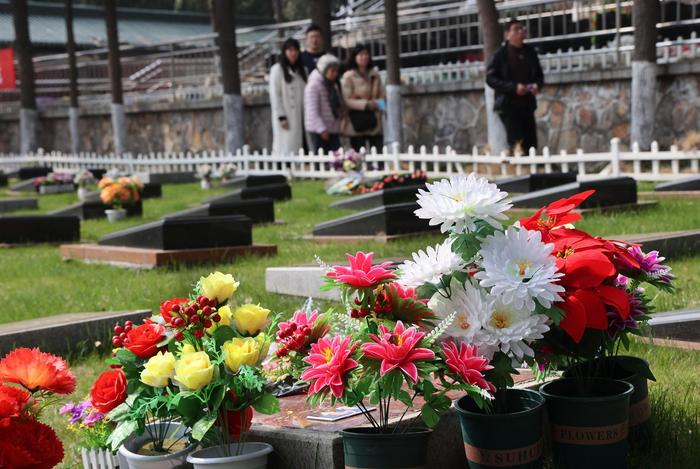 ▲2024年3月16日，江苏南京，清明节将至，墓园内鲜花祭扫的场景随处可见