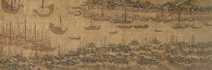 △《江汉揽胜图》中的汉口镇，江上帆樯林立，岸边房舍鳞次栉比，一派热闹繁华的景象。