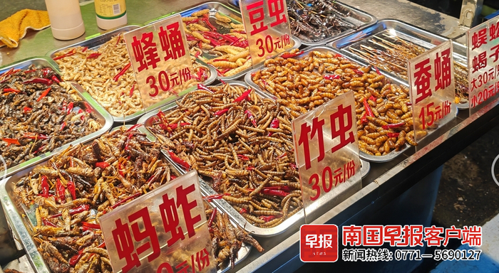 ▲南宁街头的昆虫美食。记者 钟亮 摄