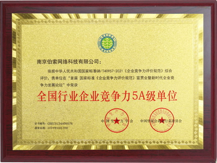 ▲“全国行业企业竞争力5A级单位”奖牌