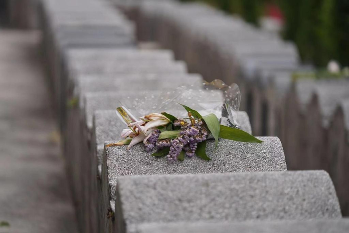 ▲前来祭拜的市民在先人墓碑上留下的鲜花 据视觉中国