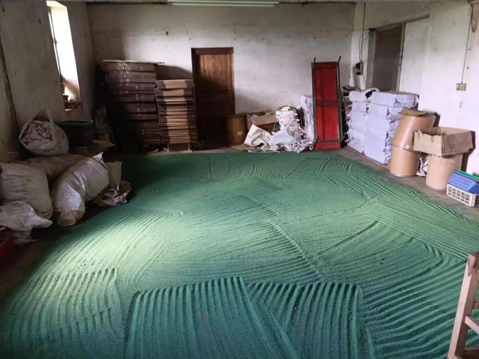 地上绿色物品是广西灵山县某伪劣兽药生产厂家生产的伪劣兽药。（枝江市公安局供图）