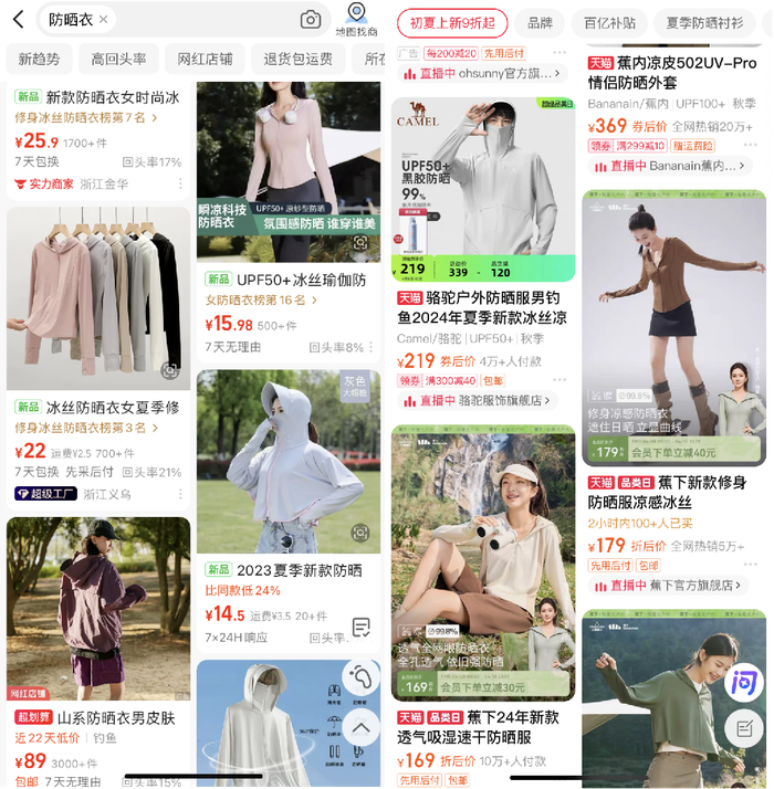 防晒衣在1688、淘宝的价差对比