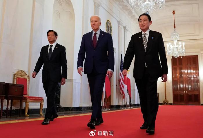 美国、日本、菲律宾三国领导人4月11日在华盛顿举行会议。图源：路透社