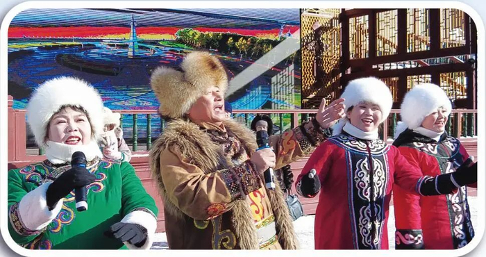 赫哲族群众在哈尔滨中央大街向过往游客展示民族歌舞。