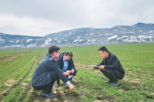 图为农行尼勒克县支行农贷客户经理上门调查农户情况。