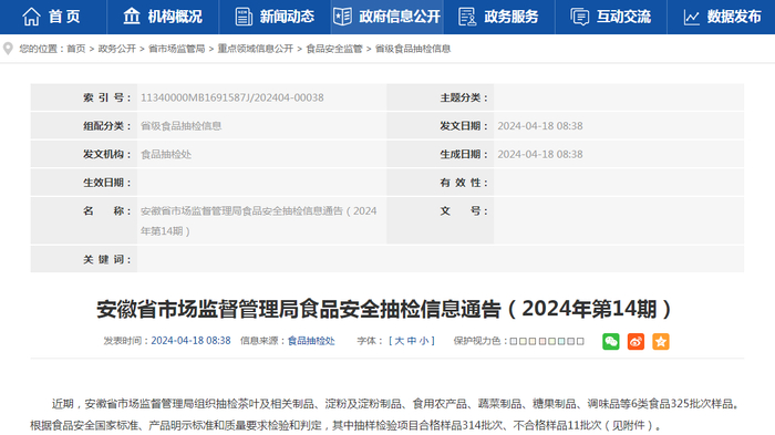 安徽省市场监督管理局食品安全抽检信息通告（2024年第14期）