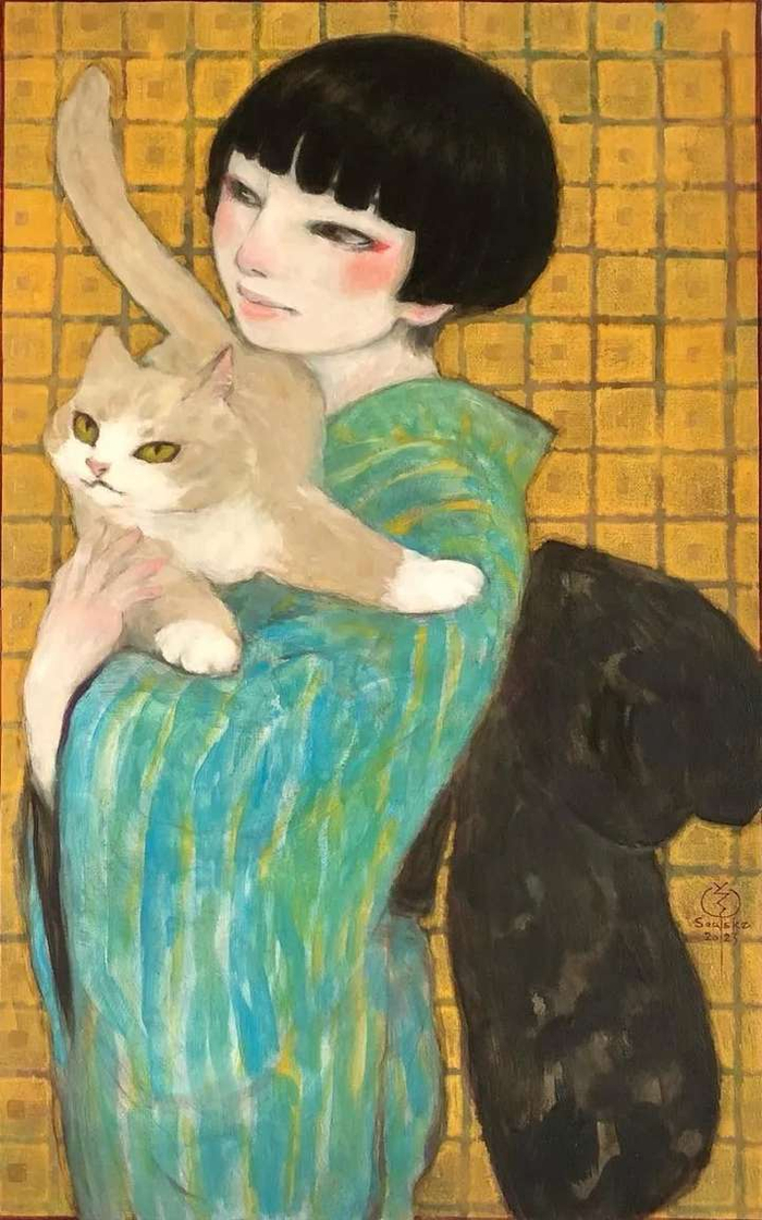 名称:猫和女孩m10oil-005 年份:2023年 材料:画布,油彩 尺寸:53