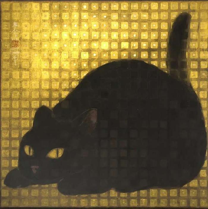 名称：草介猫s10-032 年份：2019 材料：和纸、矿物颜料 尺寸：53 × 53 × 2 cm
