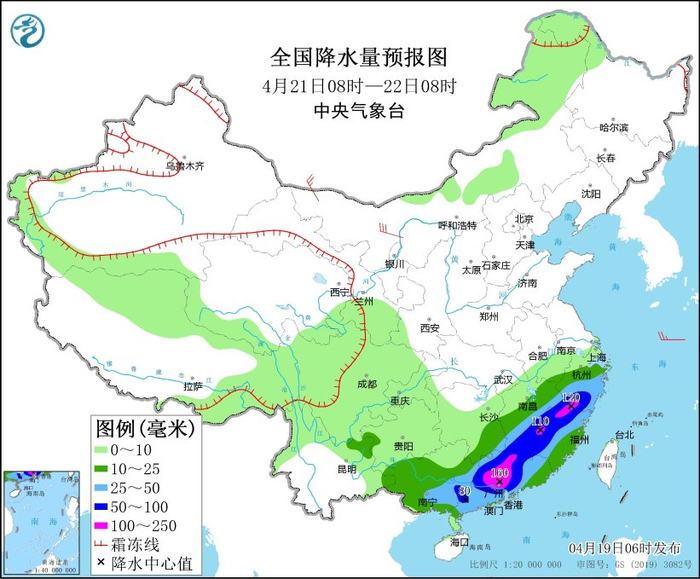 图7 全国降水量预报图（4月21日08时-22日08时）