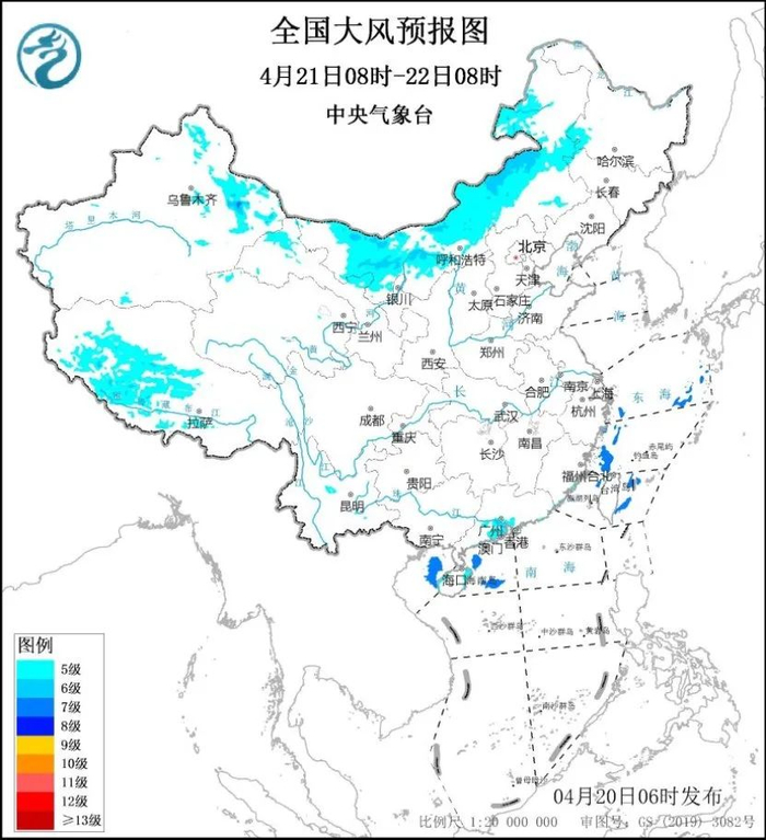 图4&nbsp;全国大风预报图（4月21日08时-22日08时）