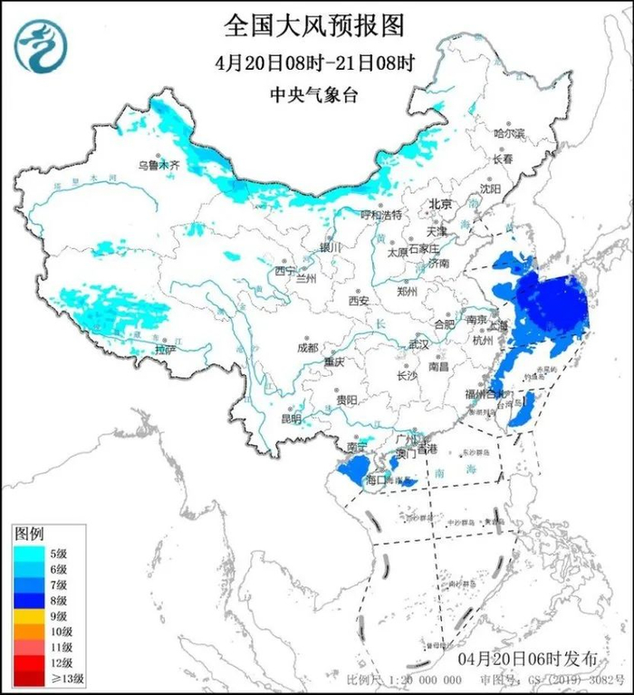 图3&nbsp;全国大风预报图（4月20日08时-21日08时）